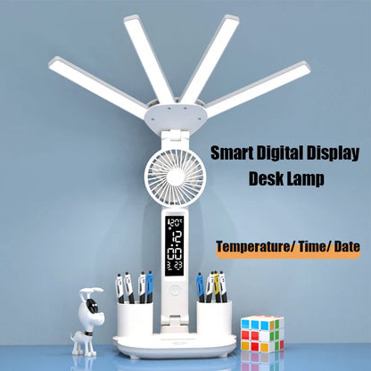 3-in-1 Multifunction Table Lamp: LED Four-Headed Folding with Fan, Calendar Clock - USB Rechargeable Desk Light, 3 Color Reading Lamp