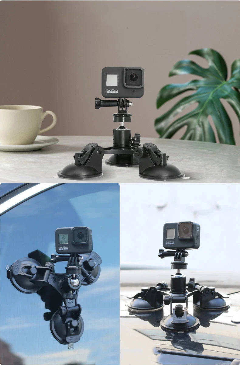 Suction Cup Car Mount with Tripod Adapter — Phone & GoPro Holder for Action Cameras