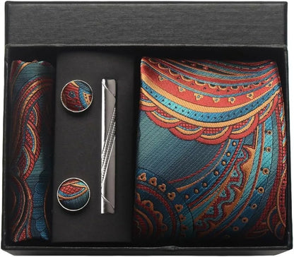 100% Silk Paisley Floral Necktie Set for Men - Premium Business Tie with Pocket Square Tie Clip Cufflinks Gift Box