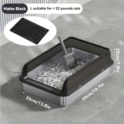 KEMORELA Extra Large Stainless Steel Cat Litter Box with Lid – Enclosed, High-Sided, Leak-Proof Litter Pan with Cat Litter Mat