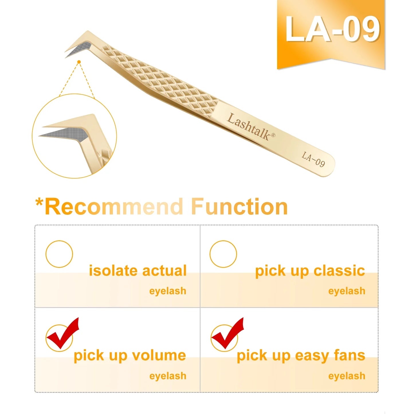 Lashtalk Precision Fiber Tip Tweezer - Diamond Grip Anti-Slip Gold Stainless Steel for Eyelash Extensions Makeup by Nagaraku
