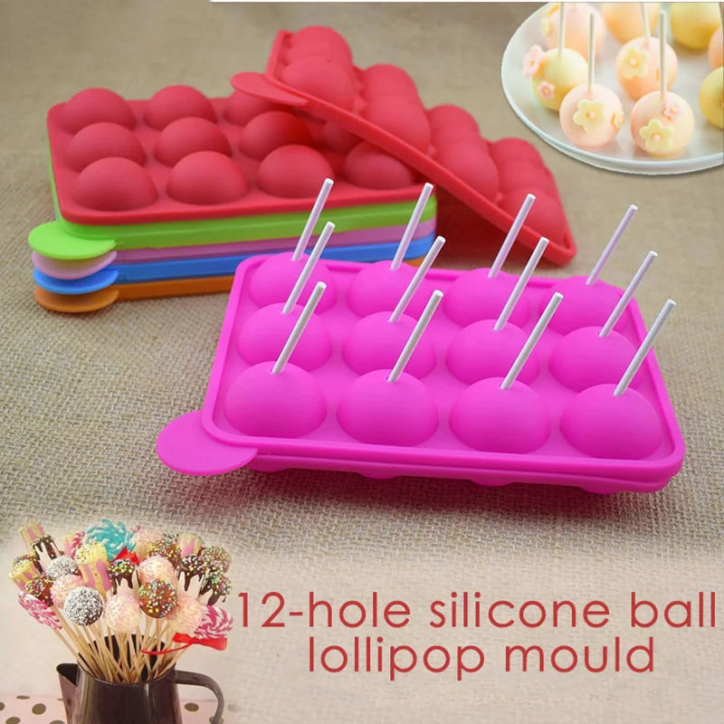 12-Hole Silicone Cake Pop Mold : Ball Shaped Die for Lollipop Candy Chocolate - Kitchen Baking Ice Tray Tool Accessories