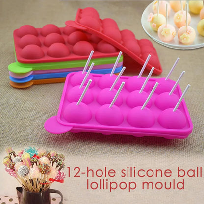 12-Hole Silicone Cake Pop Mold : Ball Shaped Die for Lollipop Candy Chocolate - Kitchen Baking Ice Tray Tool Accessories