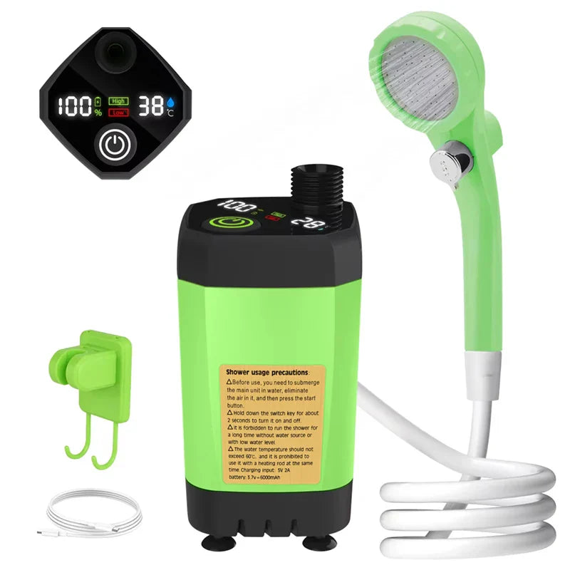 Portable Camping Shower Pump – RV & Outdoor Shower Kit with 6000mAh Battery, Full-Screen Digital Display, Adjustable Flow