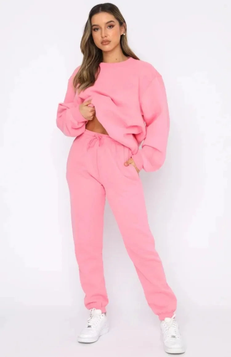 Women’s Casual Long Sleeve Sweatshirt & Pants Set – Solid Color Pullover Trousers, Round Neck Autumn Winter Outfit