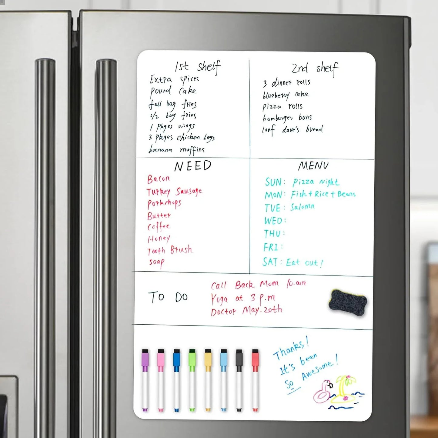 A2 Magnetic Dry Erase Whiteboard for Fridge – 23.6" x 16.5" Board with 8 Markers & Eraser
