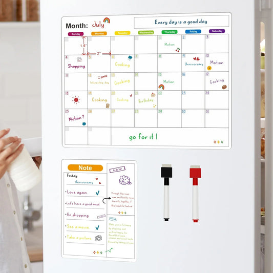 Magnetic Fridge Calendar — Monthly & Weekly Planner Whiteboard with Pen, Dry Erase Message & Sticker Board