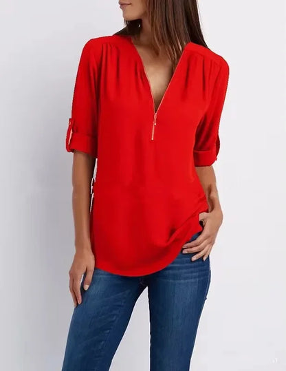 Women’s 2025 Hot Sale Loose Chiffon Blouse – Deep V-Neck Casual Top with Zipper Pullover Plus Size