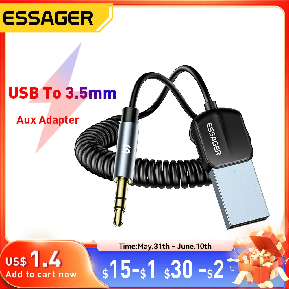 Essager USB Bluetooth 5.0 Receiver – 3.5mm AUX Car Audio Adapter Wireless Music Transmitter for Speakers & Handsfree Calling
