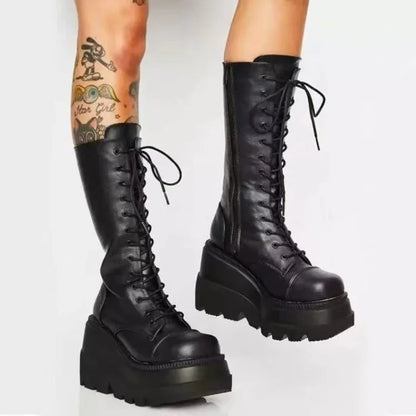 Women’s Winter Platform Boots – Black Leather Short Combat Booties, Rainproof Military, Punk Goth Lolita Footwear Clearance