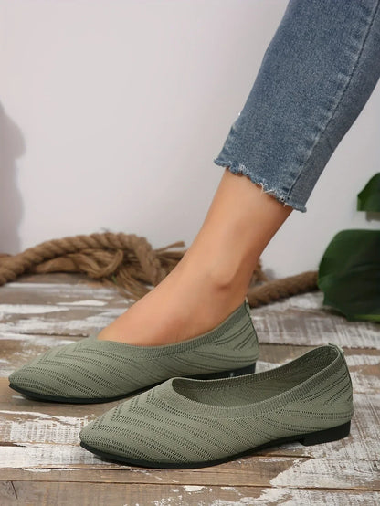 Women’s Pointed Toe Knitted Slip-On Flats – Solid Color Casual Breathable Ballet Loafers