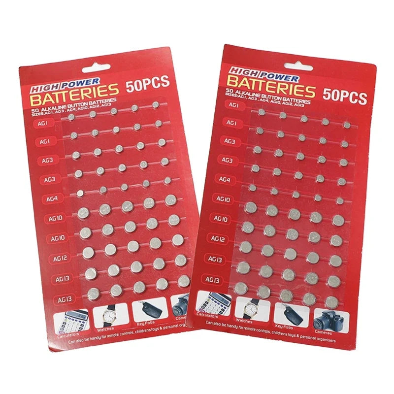 50/100Pcs Mixed Button Coin Cell Battery Set - AG1/AG3/AG4/AG10/AG12/AG13 Batteries for Watch, Toy, Clock, Calculators