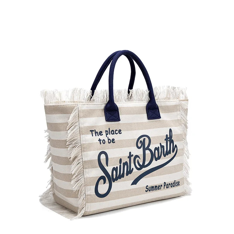 SAINT BARTH Autumn Winter Plush Towel Bag – Women’s Large Capacity Striped Casual Handbag with Tassel