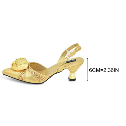 Women's Rhinestone Shoe & Bag Set - Nigerian Party Pumps with Handmade Flower Matching Bag