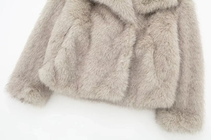 TRAF 2024 Women's Cropped Faux Fur Jacket – Chic Lapel Collar, Long Sleeve, Front Snap-Button Thick Coat
