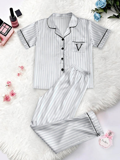Classic Striped Satin Pajama Set – Short-Sleeve Top with Pocket & Long Pants Sleepwear with Lapel Collar