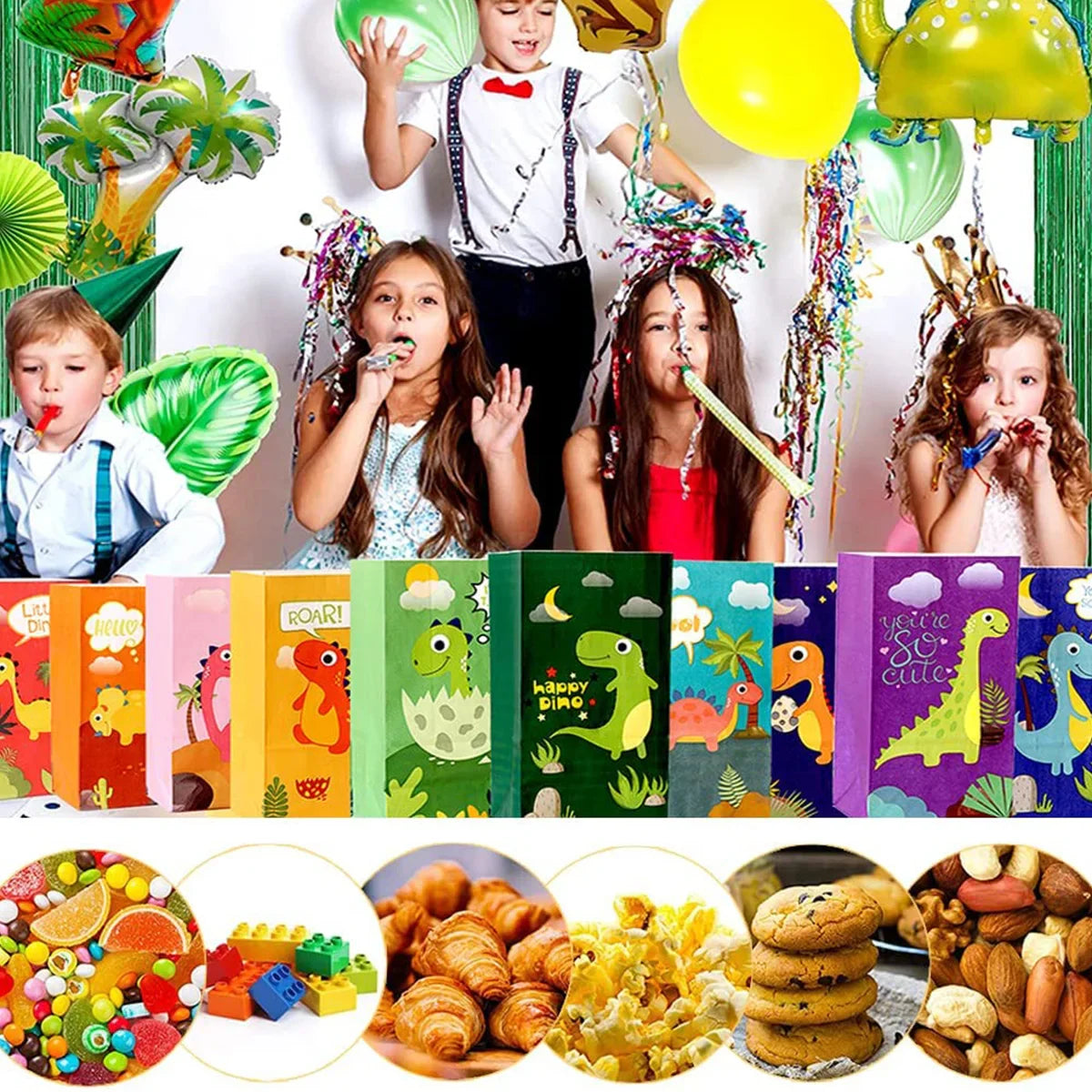 30Pcs Dinosaur Party Bags - Thicken Paper Dinosaur Gift Bags with 36 Stickers - Recyclable and Odorless Candy Bags for Dinosaur Party Gifts
