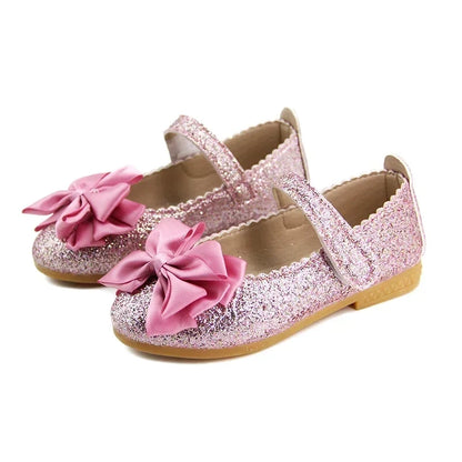 Girls Glitter Bow Flats - Princess Leather Dress Shoes for Toddlers & Kids, Dance Party Footwear