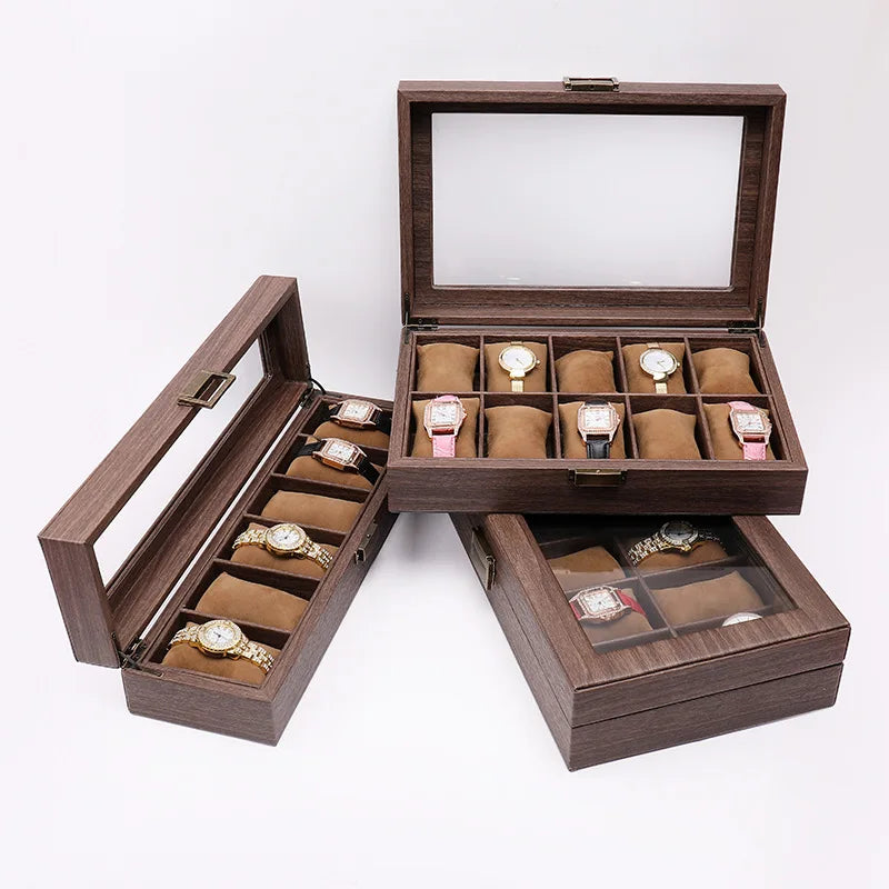 DELESYS Retro Imitation Wood Grain Leather Watch Box — Creative Gift Storage Case for Watches, Glasses & Accessories