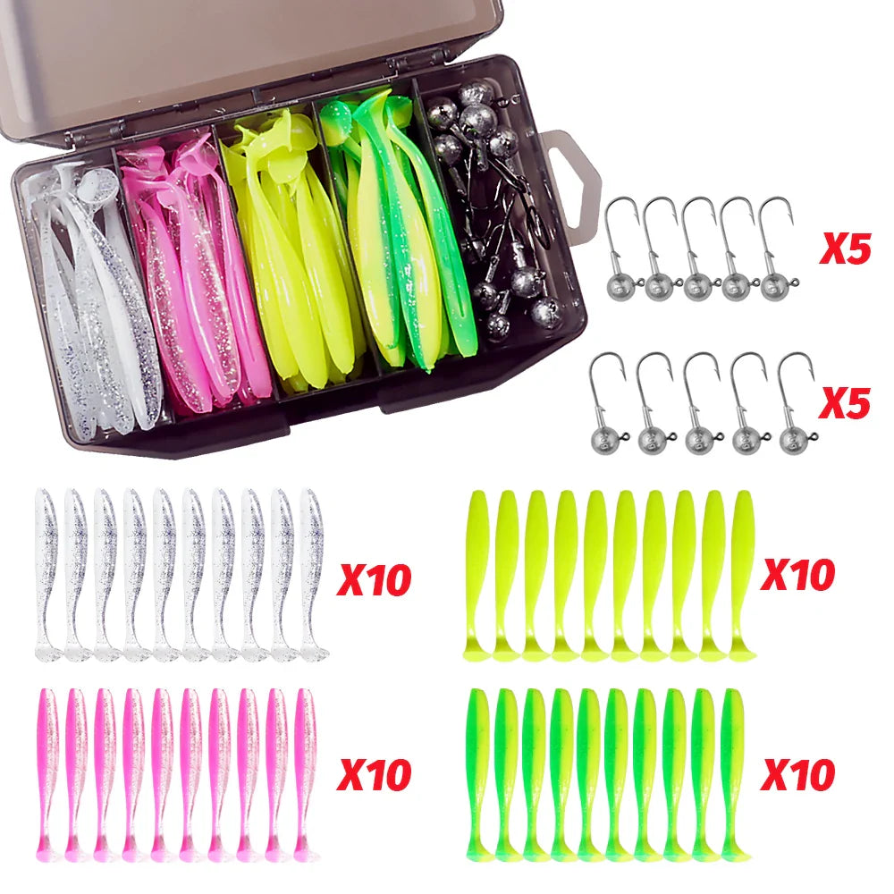 50PCS Metal Jig Fishing Lure Set – Soft & Sinking Swimbaits 3g–14g (5.5–10cm) Jigging Head Hooks in Tackle Box for Bass Fishing