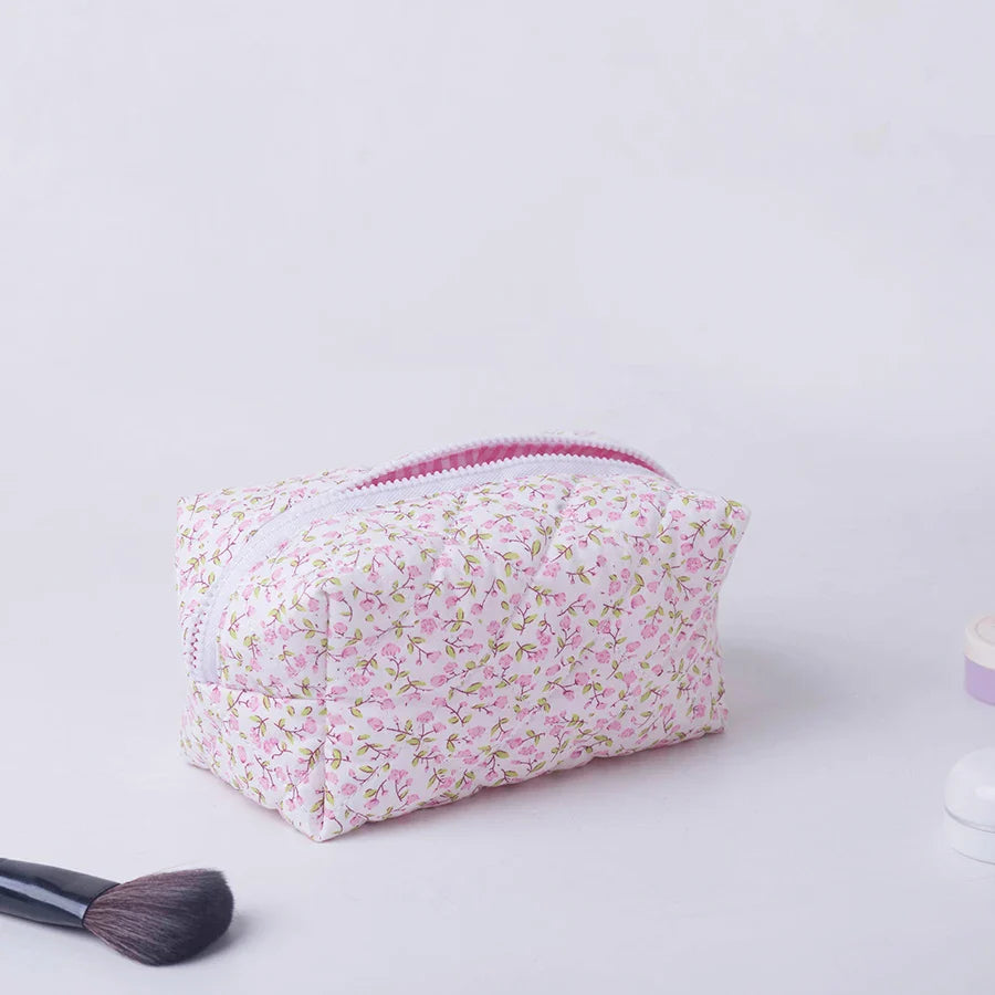 Floral Puffy Quilted Makeup Bag — Large Travel Cosmetic Organizer Pouch with Flower Print for Makeup Accessories