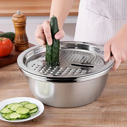 3-Piece Stainless Steel Strainer & Mixing Bowl Set – Multifunctional Fruit & Vegetable Washer and Slicer