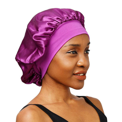 Ultimate Comfort: New Women's Satin Solid Wide-Brimmed Sleeping Hat - Unisex Elastic Band Cap for Hair Care - Bonnet de Nuit