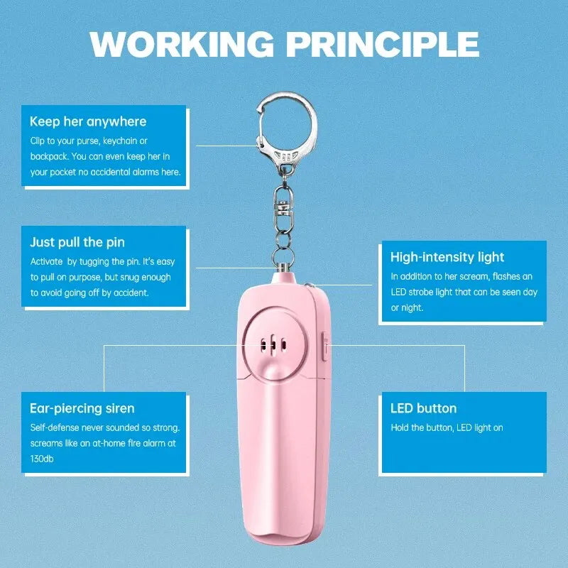 Compact 130dB Women's Personal Safety Alarm with Keychain, Electronic Whistle, and LED Light - Portable and Lightweight Backpack Charm