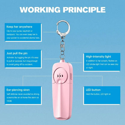 Compact 130dB Women's Personal Safety Alarm with Keychain, Electronic Whistle, and LED Light - Portable and Lightweight Backpack Charm