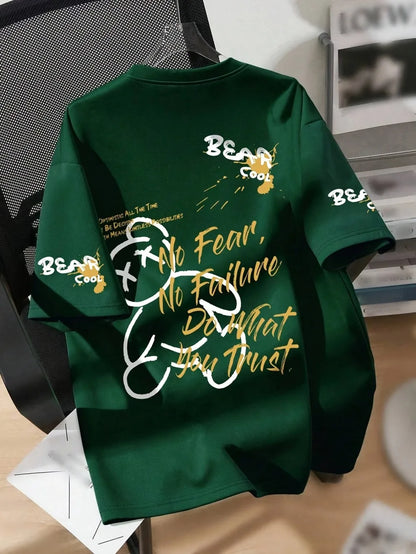 Men's Cartoon Bear Print T-Shirt - Breathable Round Neck Casual Summer Tee
