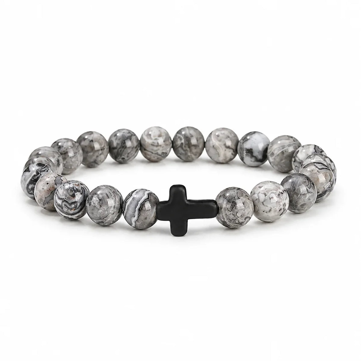 Natural Stone & Wood Bead Rosary Bracelet - Hematite Cross Meditation & Yoga Jewelry for Men & Women