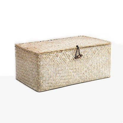 Hand-Woven Seaweed Storage Basket with Lid - Multi-Purpose Sundries Organizer, Cosmetic, Toy, and Clothes Container
