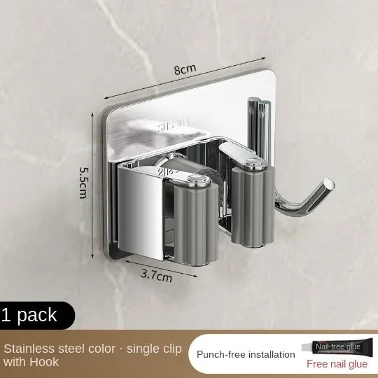 Non-Perforated Stainless Steel Mop Holder — Wall-Mounted Broom & Mop Clamp Hook for Bathroom & Door Storage