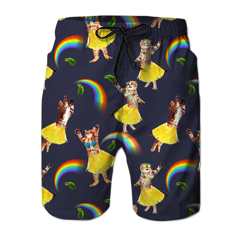 Men's Dinosaur Cat 3D Print Beach Shorts - Fun Hawaiian Swim Trunks