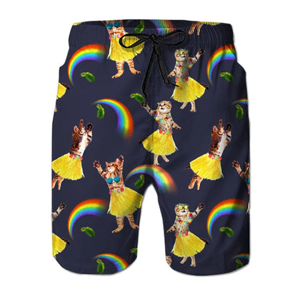 Men's Dinosaur Cat 3D Print Beach Shorts - Fun Hawaiian Swim Trunks