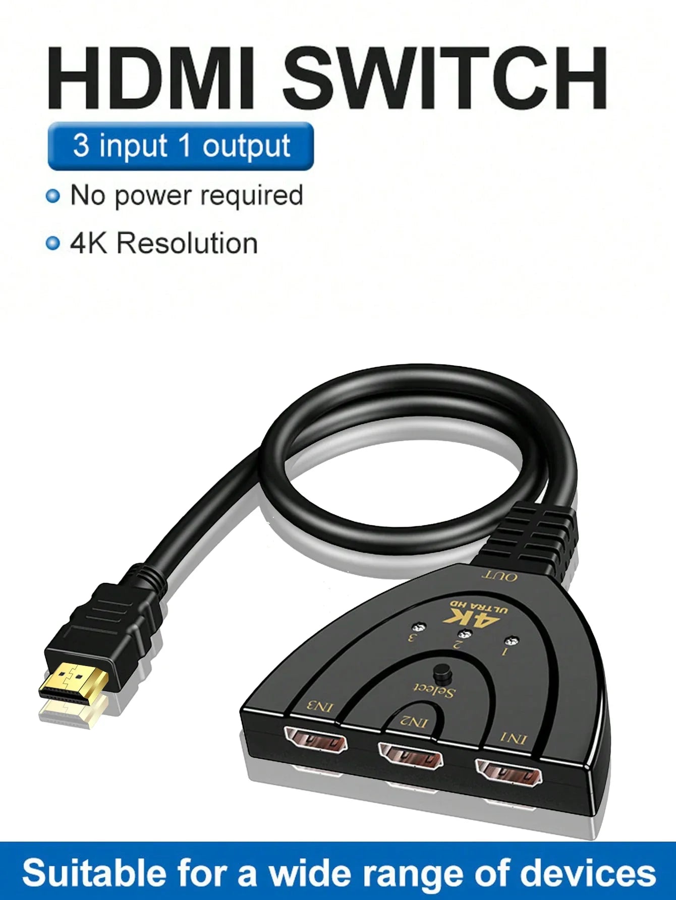 3-Port HDMI KVM Switch 1080P – 3 Input 1 Output Video Splitter Hub for HDTV, DVD, Xbox, PS3 & PS4