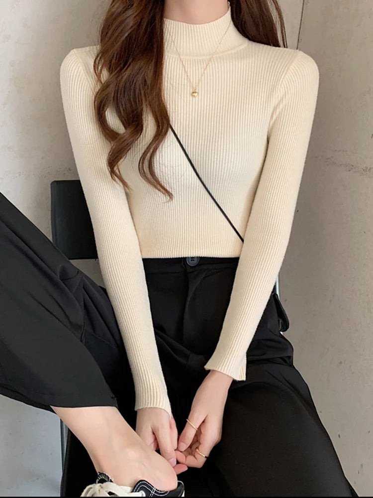 Autumn Winter Women's Mock Neck Sweater - Vintage Solid Knitted Casual Slim Pullover, Chic Korean Jumper Tops