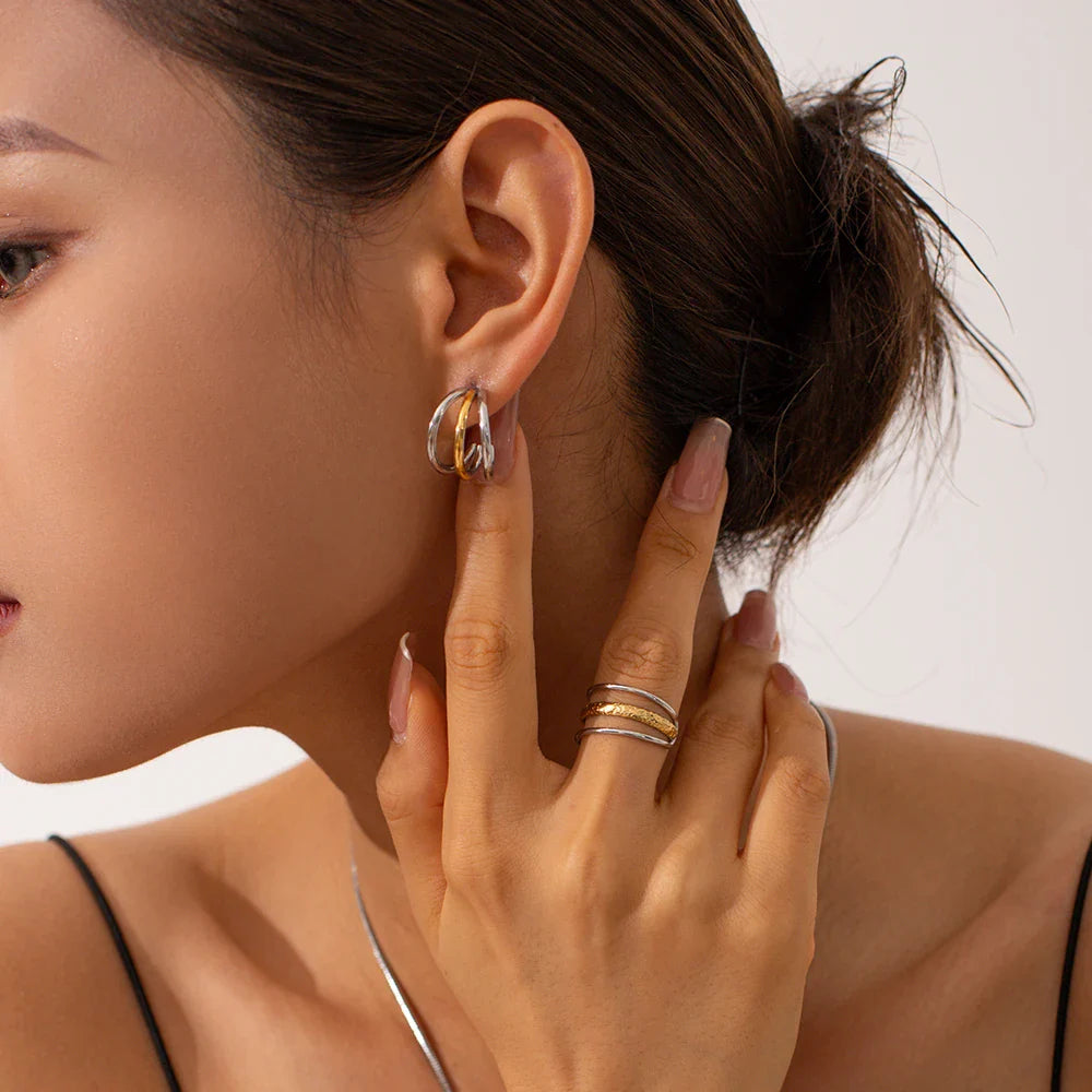 Vintage 18K Gold Plated Stainless Steel Ring – Double Line Irregular Open End Jewelry for Women