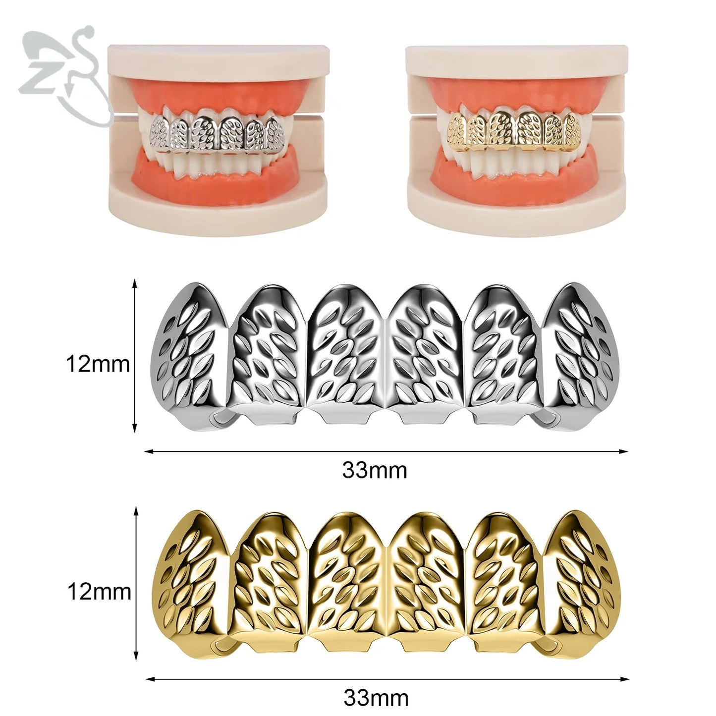 ZS Hip Hop Grillz – Silver/Gold Plated CZ Crystal Cross & Rose Star Tooth Cap, Top & Bottom Set