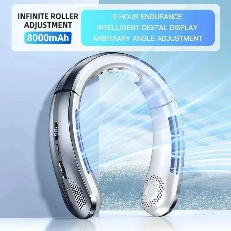8000mAh Bladeless Neck Fan – Portable USB Rechargeable Hanging Fan with LED Digital Display, Silent Mini Personal Air Cooler for Travel & Outdoor Use