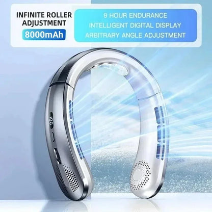 8000mAh Bladeless Neck Fan – Portable USB Rechargeable Hanging Fan with LED Digital Display, Silent Mini Personal Air Cooler for Travel & Outdoor Use