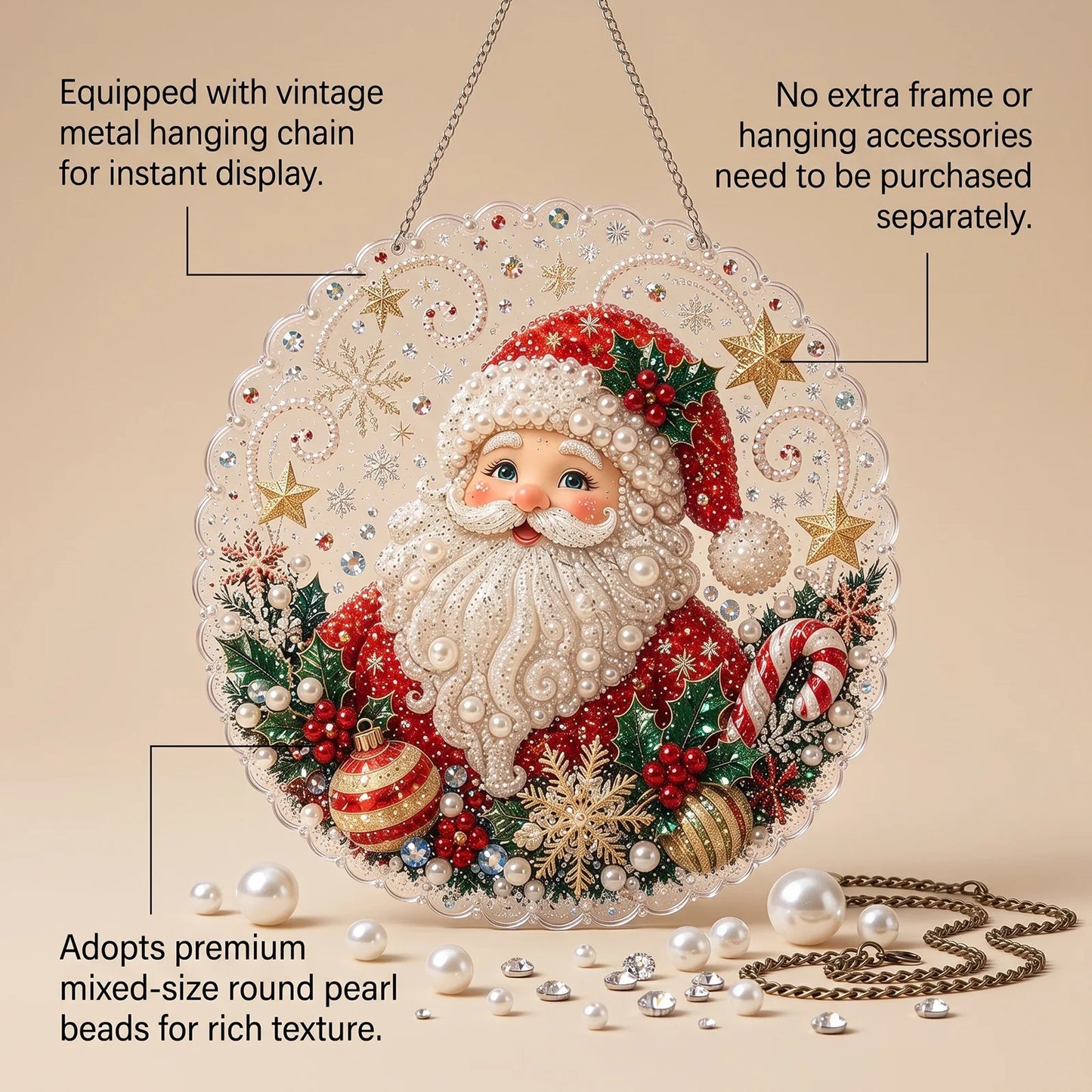 DIY Christmas Pearl Diamond Painting Pendant - Acrylic 2D Bead Craft for Holiday Window & Wall Decor