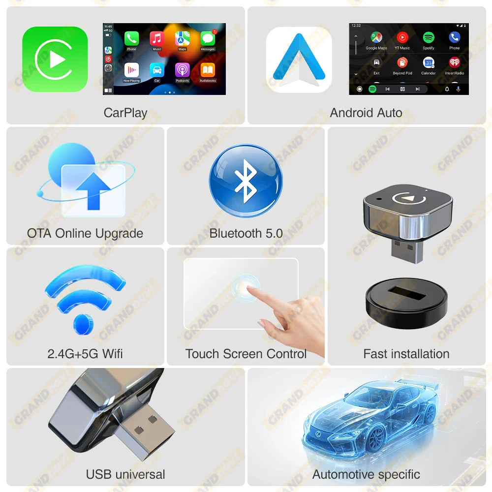 2-in-1 Wired to Wireless CarPlay & Android Auto Adapter — USB Plug & Play with Bluetooth for OEM Car Stereo