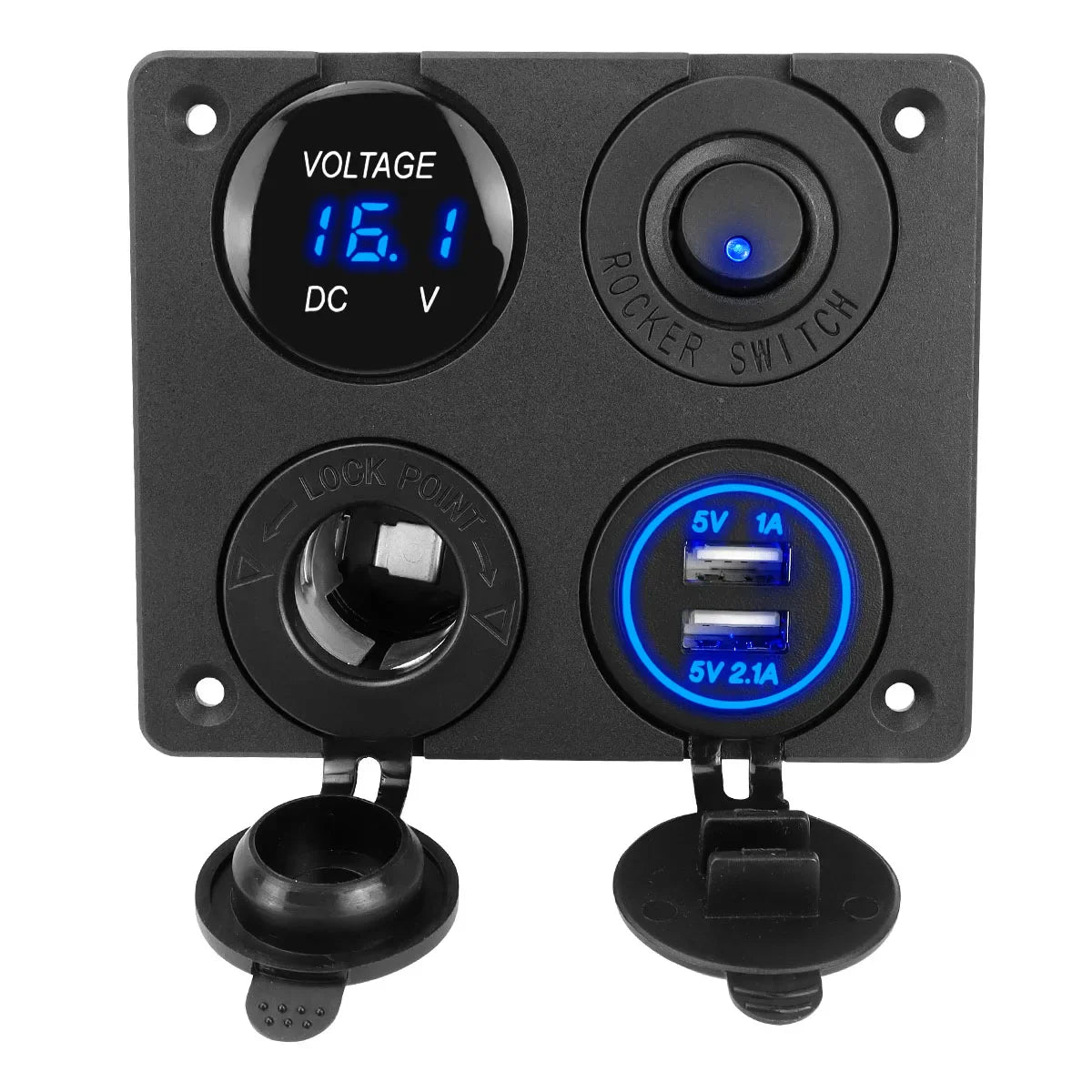 4-in-1 12V/24V Dual USB Power Adapter Panel 3.1A with LED Voltmeter & Rocker Switch for Car, RV, Truck & Marine Use