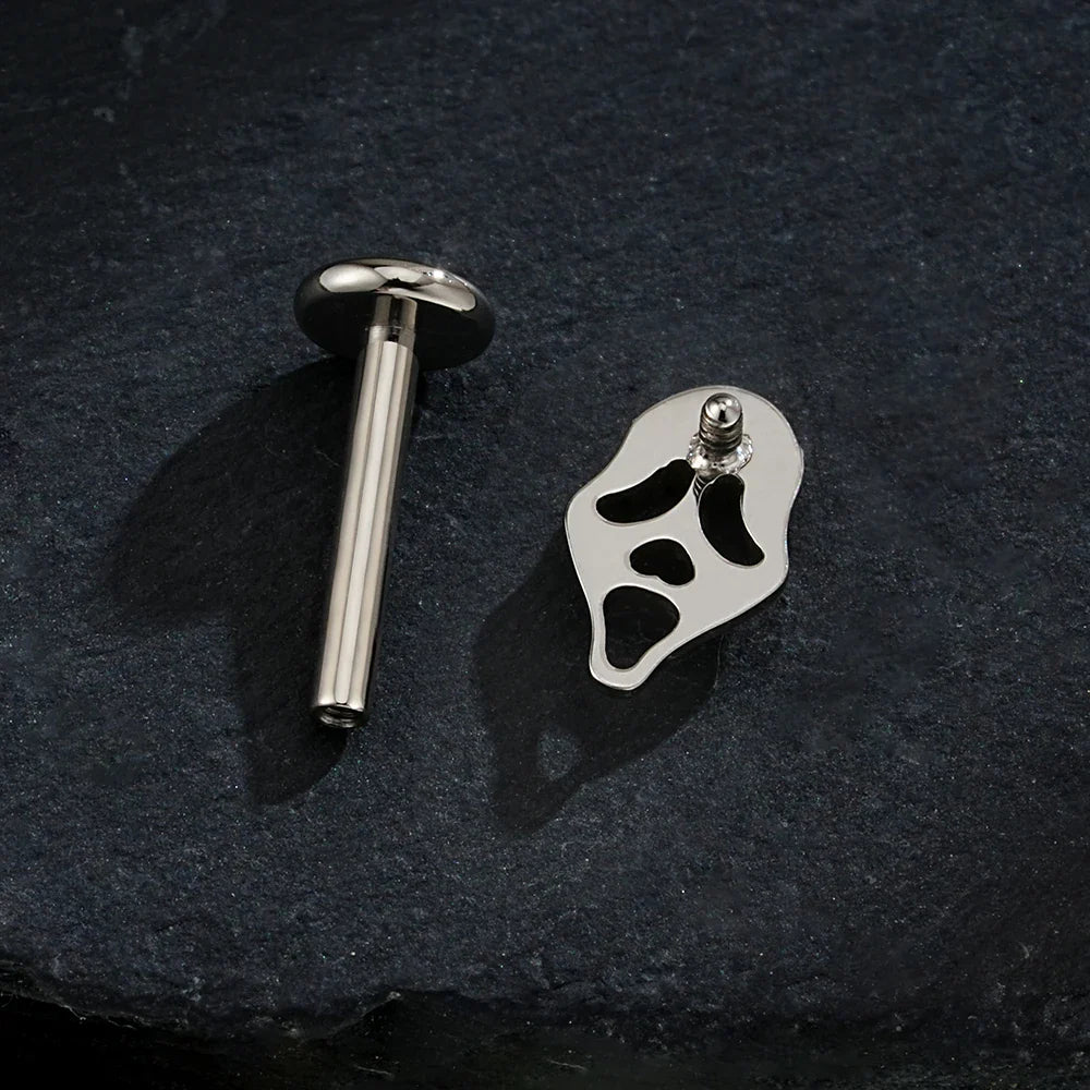 Right Grand ASTM F136 Titanium 16G Ghost Face Flat Back Earring – Halloween CZ Cartilage Stud for Helix, Labret & Nose Piercing Jewelry