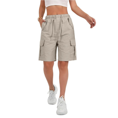 Women’s High-Waisted Cargo Shorts - Loose Straight-Leg Drawstring Sports Shorts with Multiple Pockets