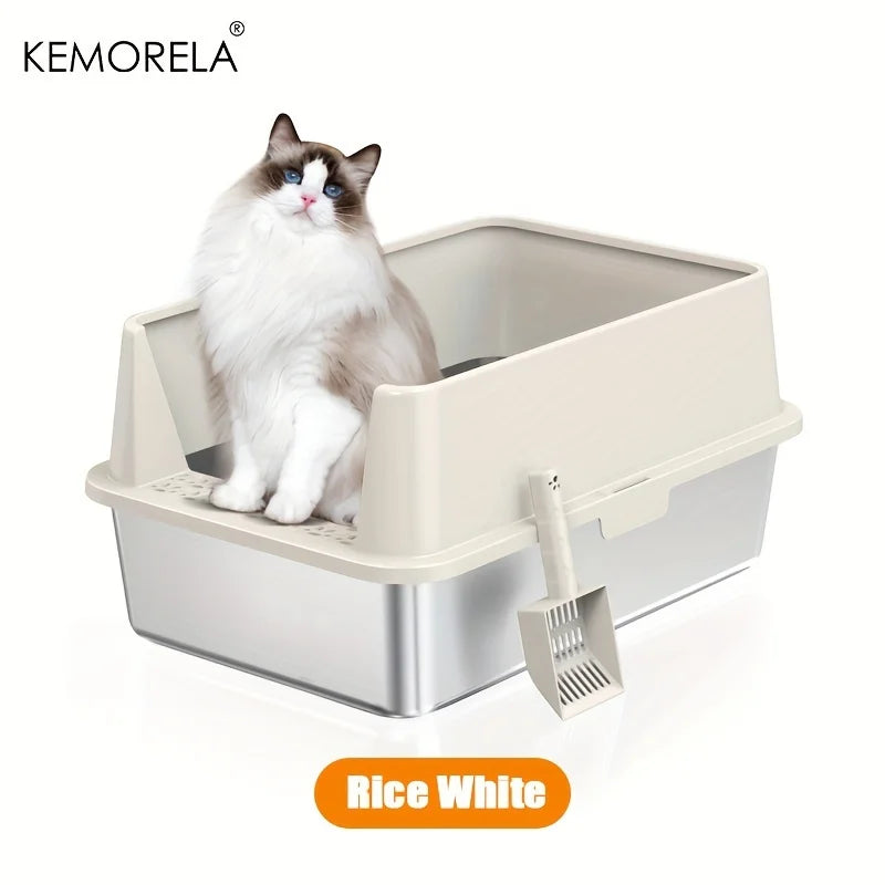 Super Large XL Stainless Steel Cat Litter Box with Lid – High Side Closed Design for Large & Small Cats, Includes Scoop