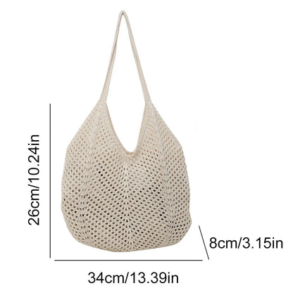 Fashion Women’s Hollow Woven Shoulder Bag – Large Capacity Crochet Tote, Solid Knitting Mesh Handbag for Summer & Beach