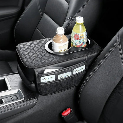 Universal Car Center Console Organizer Armrest Cover – Thickened Storage Pad with 2 Side Pockets & Dual Cup Holders for Cars & SUVs