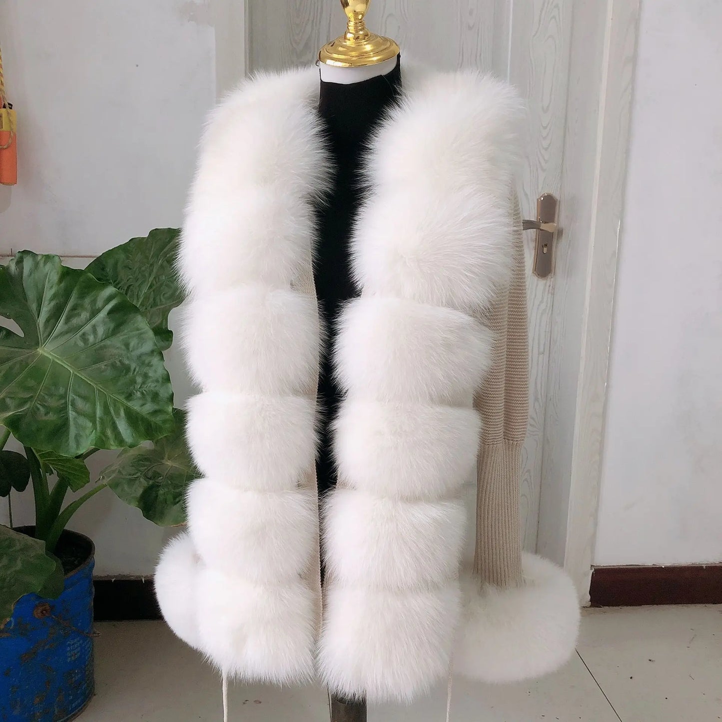 Women’s Spring & Autumn Sweater Cardigan – Real Fox Fur Collar Jacket, Natural Fur Outerwear